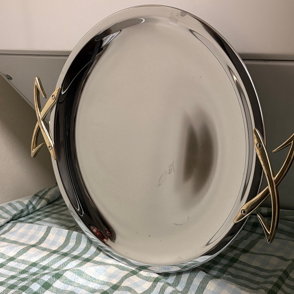 Vintage Kromex Silver cocktail Tray with Gold Accent Handles